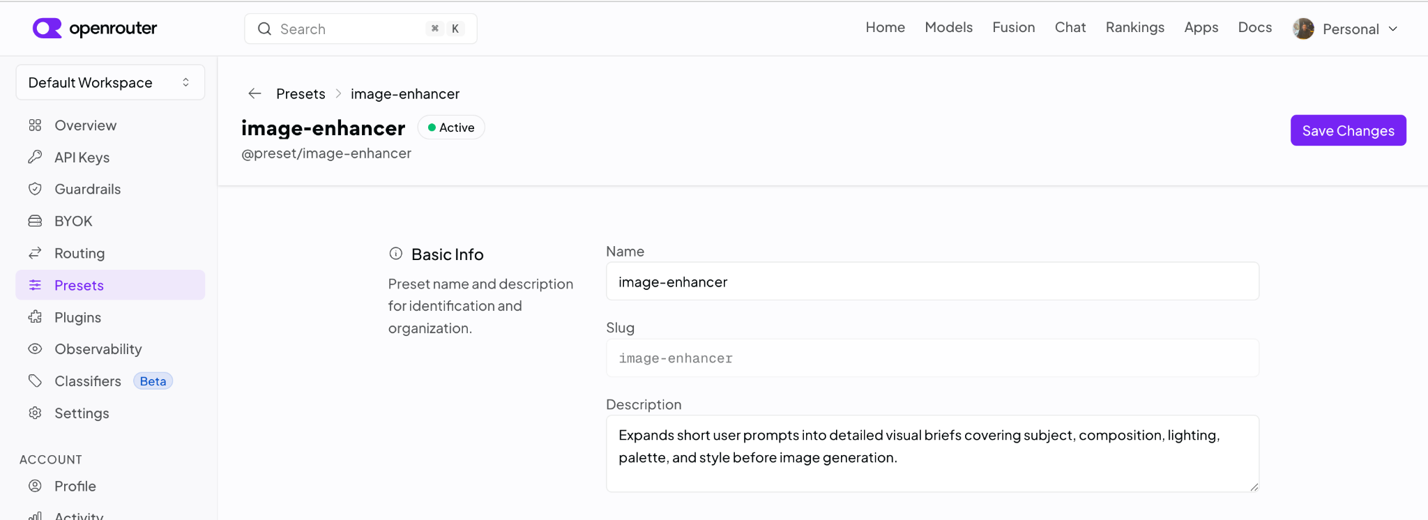 OpenRouter preset editor showing the Basic Info section with name, slug, and description fields for a preset called image-enhancer